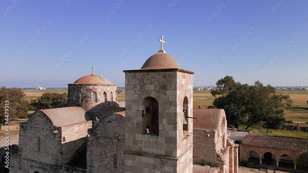 Aerial 4k view of Saint Barnabas Monastery with its surrounding and sea view in Famagusta, North Cyprus Aerial 4k view of Saint Barnabas Monastery with its surrounding and sea view in Famagusta, North Cyprus