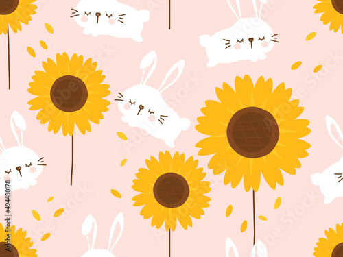 Seamless pattern with jumping rabbit cartoon and sunflower field on pink background vector.