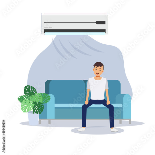 Home air conditioning, room with cooling, a man chilling on the couch under the air conditioning, cool,cold.