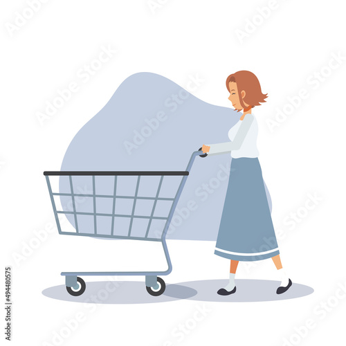 Shopping concept.A woman goes shopping. Woman is pushing an empty shopping cart.Flat vector cartoon character illustration.