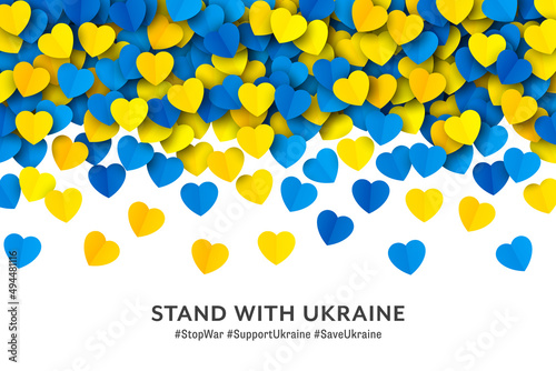 Stand With Ukraine Vector Falling Yellow Blue Paper Hearts Border Isolated On White Background. Pray And Stay Solidarity With Ukraine Vector Wallpaper. Ukrainian National Flag Colours Abstract Artwork