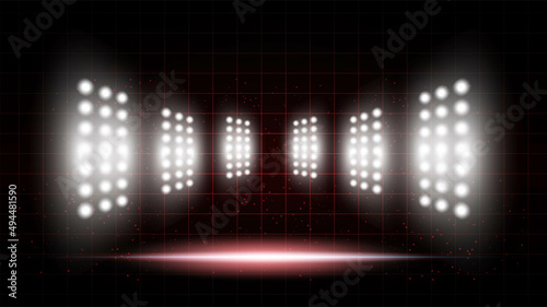 Abstract red background stadium stage hall with scenic lights of round futuristic technology user interface Blue vector lighting empty stage spotlight background.