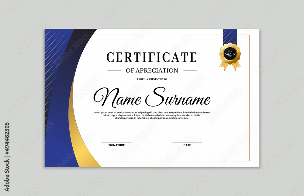 Obraz premium Blue and gold certificate border template. For appreciation, business and education needs