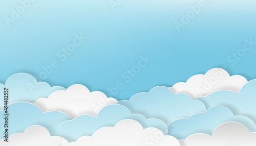 Cloud with Blue Sky background, Vector illustration Cloudscape  layers 3D paper cut style with copy space for text. Horizontal banner for Spring sale or Summertime season