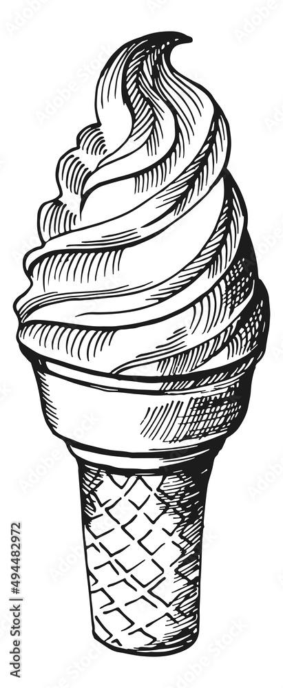 Soft ice cream in waffle. Sweet dessert engraving