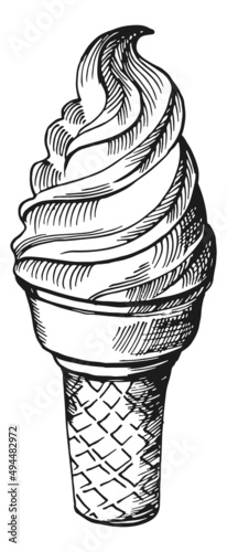 Soft ice cream in waffle. Sweet dessert engraving