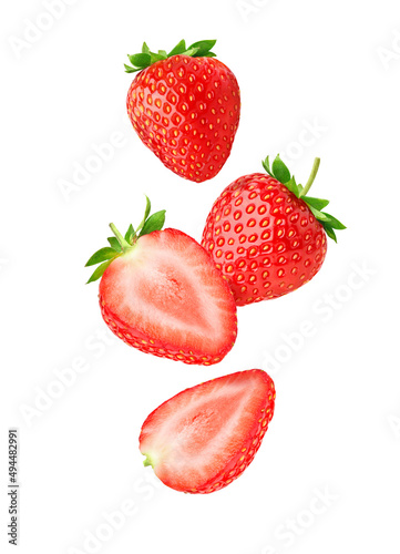Falling Strawberry with half sliced isolated on white background.