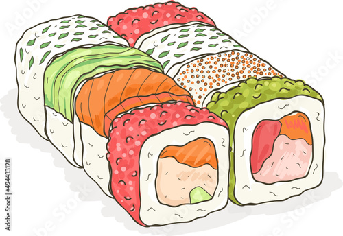 Sushi Rolls Set Hand Drawn Illustration