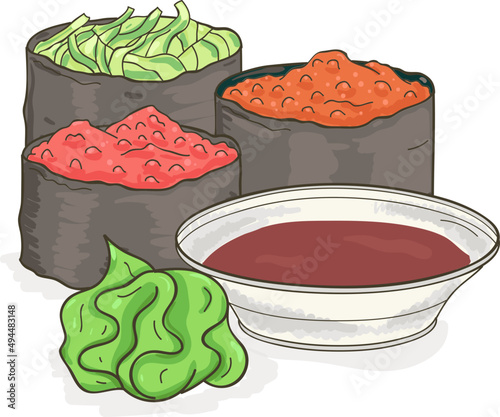 Sushi Rolls with Wasabi and Soy Sauce Hand Drawn Illustration