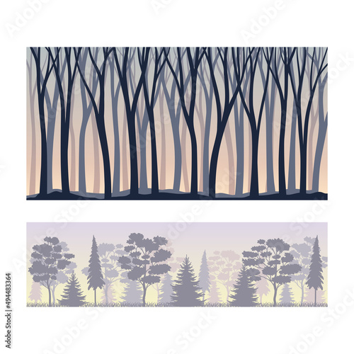 Seamless background with deciduous and coniferous trees silhouettes set vector illustration