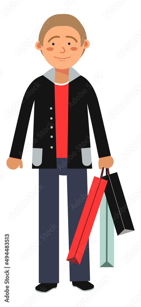 Man holding shopping bags. Happy person with purchase packages Man holding shopping bags. Happy person with purchase packages