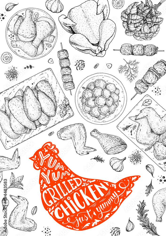Chicken meat. Grilled and Fried chicken. Hand drawn sketch illustration. Grilled chicken meat top view frame. Vector illustration. Engraved design. Restaurant menu design template. Chicken meat. Grilled and Fried chicken. Hand drawn sketch illustration. Grilled chicken meat top view frame. Vector illustration. Engraved design. Restaurant menu design template.