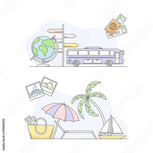 Travel symbols set. Planning of summer vacation, tourism and journey objects line vector illustration