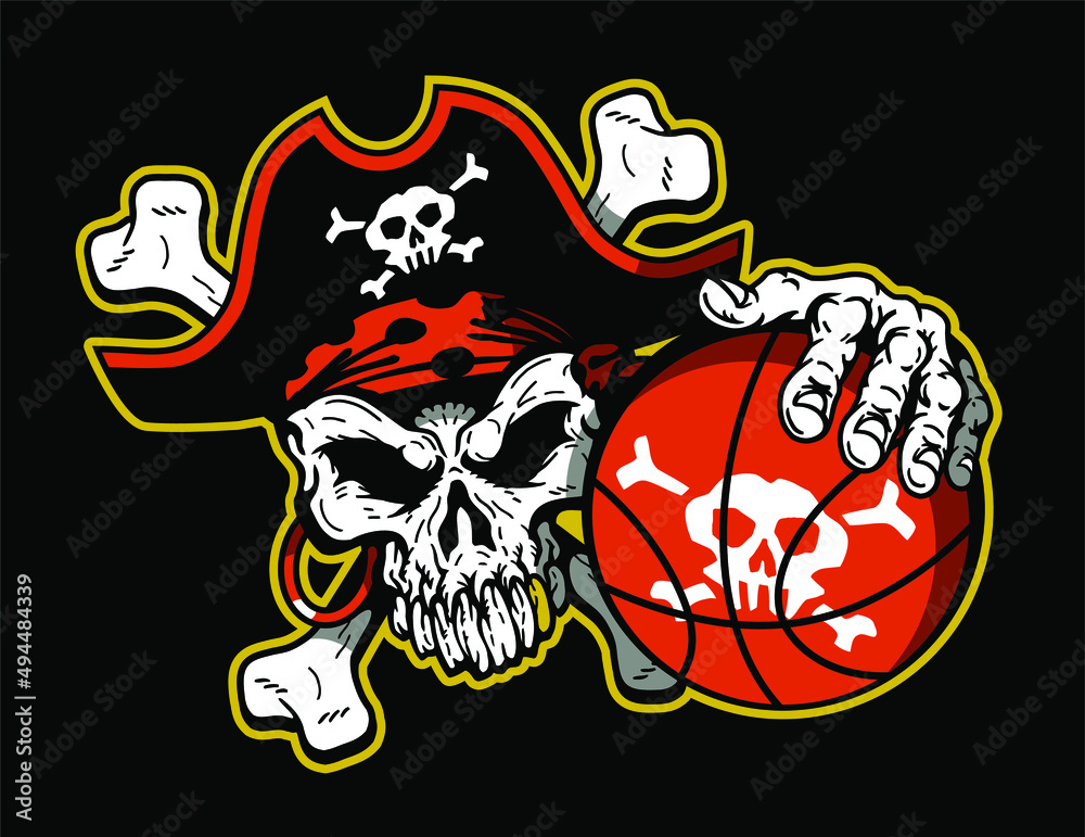 pirate mascot skull holding basketball for school, college or league