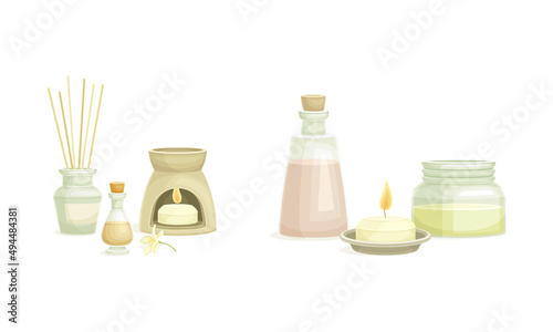 Spa objects set. Aromatic reed diffuser, burning candle. Beauty routine and skin care vector illustration