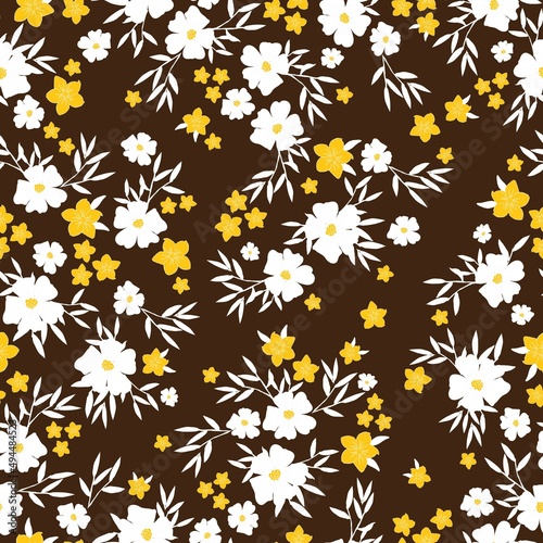 Seamless vintage pattern. white and yellow flowers, white leaves. brown background. vector texture. fashionable print for textiles, wallpaper and packaging.