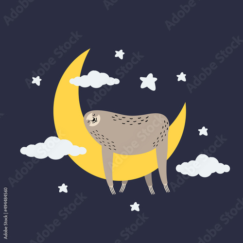 Lazy funny sloth sleeping on the crescent moon. Vector illustration.