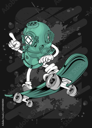 cartoon skating diving helmet, t-shirt design illustration