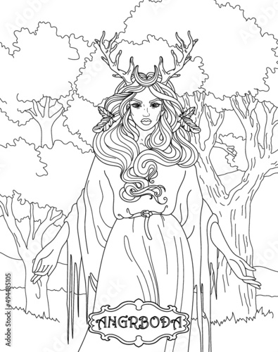 Angrboda. Coloring book for adults. Scandinavian mythology. Black and white illustration.
