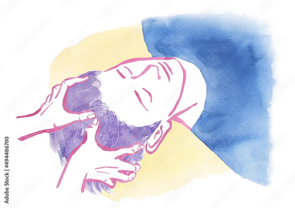 ドライヘッドスパを受ける男性の手描き水彩イラスト Stock Illustration Adobe Stock
