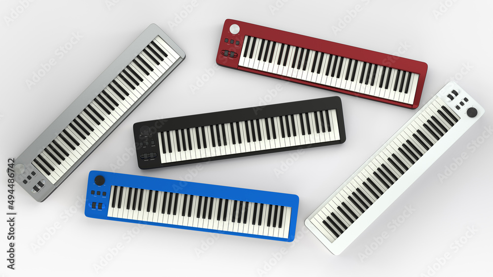 Fünf (5) Midi-keyboards, silbern, rot, schwarz, weiss, blau, von oben, auf weissem Hintergrund Fünf (5) Midi-keyboards, silbern, rot, schwarz, weiss, blau, von oben, auf weissem Hintergrund