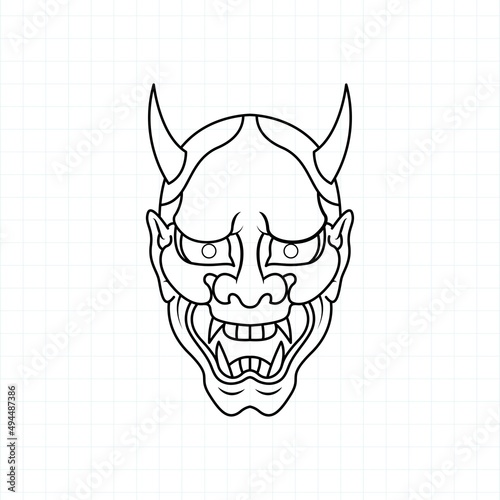 Hand drawn Japanese Oni demon mask coloring page, Vector illustration eps.10