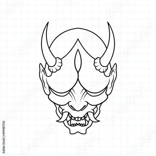 Hand drawn Japanese Oni demon mask coloring page, Vector illustration eps.10