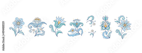 Vector set with floral elements, flower vignettes, border, design element, template. Elements in Eastern style. Ornate decoration, floral illustration. Arabic ornament. Isolated ornaments. Ornament