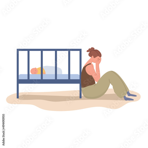 Tired mother is sitting by the baby's crib. A tired woman with her newborn baby. Mood disorder after childbirth. Concept of postpartum depression. Vector illustration on an isolated white background.