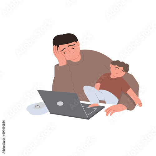 Parent works at the computer and puts the child to sleep. The tired father is sitting at the table.  The concept of parenthood and child care. Vector flat illustration on an isolated white background.