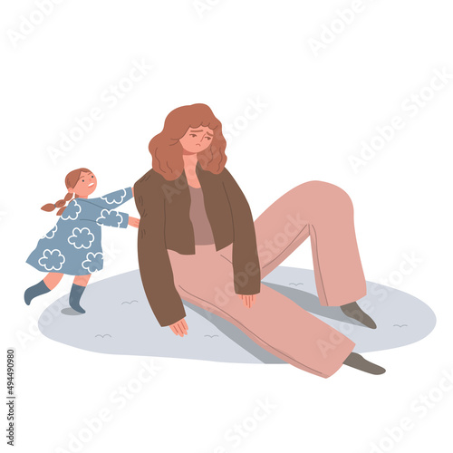 Tired mom is sitting on the floor. An exhausted woman parental responsibilities. Child requires attention. The concept of the difficulties of motherhood. Vector flat illustration.