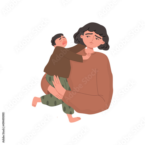 Tired mother is holding the screaming kid. A tired woman can't calm her son down. The concept of parenthood. Attention deficit hyperactivity disorder in a child. Vector illustration.