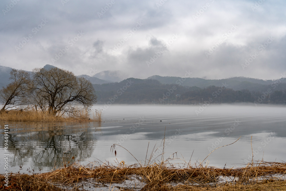 Winter landscape by the misty river Winter landscape by the misty river