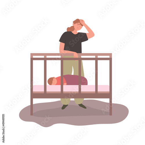Tired mother is standing by the baby's crib. A tired woman with her newborn baby. Mood disorder after childbirth. Concept of postpartum depression. Vector illustration on an isolated white background.