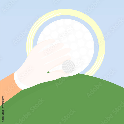 vector cartoon illustration of a hand holding a golf ball in a flat style field