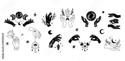 With hands and Mystical boho moon isolated cliparts bundle, celestial floral moon collection, magic crystals and flowers set, line and silhouette witchy esoteric objects - vector