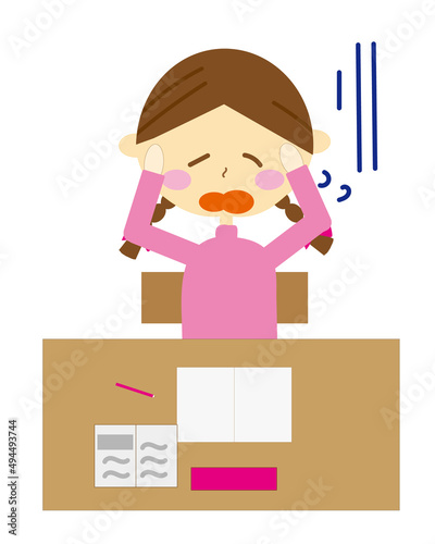 学校の勉強が分からなくて頭をか抱えて悩んでいる小学生の女の子のイラスト・受験勉強・テスト