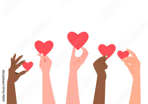 Hands with hearts. Raised hands volunteering vector concept	
