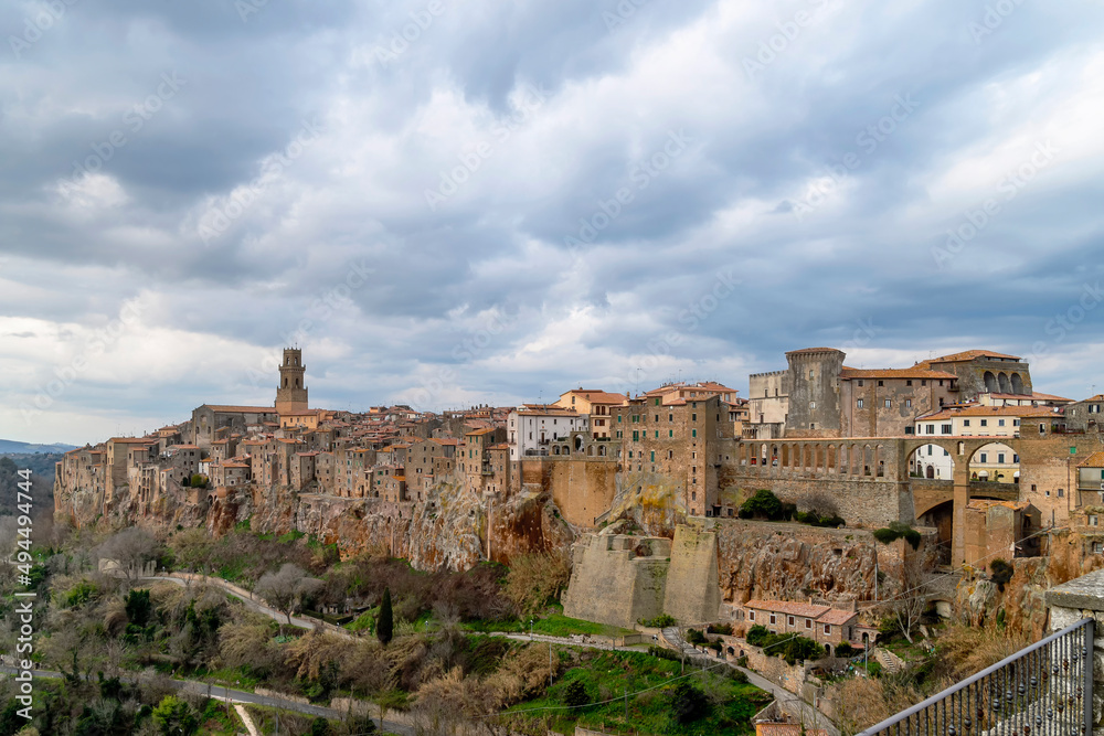 Panoramic view of the ancient village of Pitigliano, Grosseto, Italy, built on tuff rock