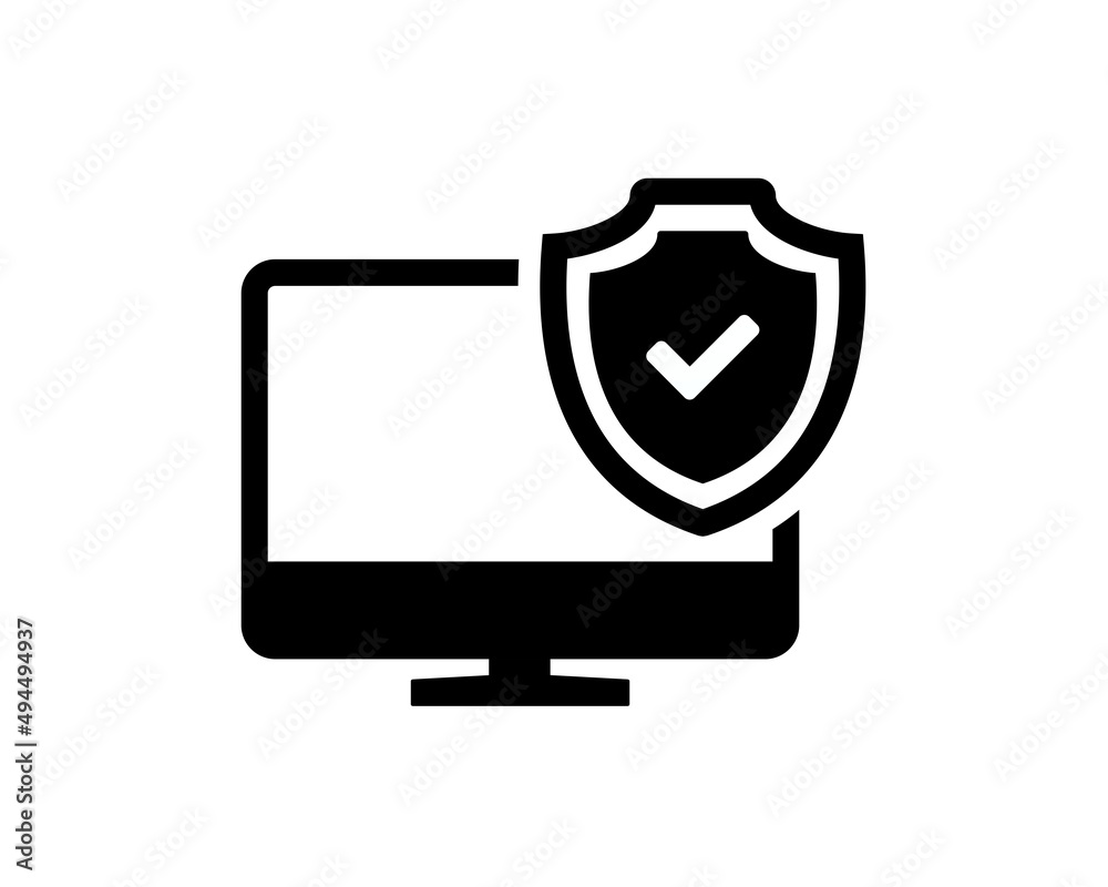 Shield with check mark on computer icon. Vector illustration Shield with check mark on computer icon. Vector illustration