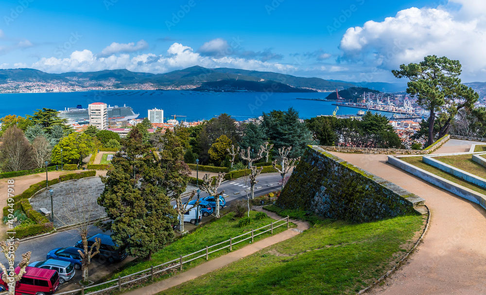 A view from the upper levels of the Castro castle over the city in Vigo, Spain on a spring day