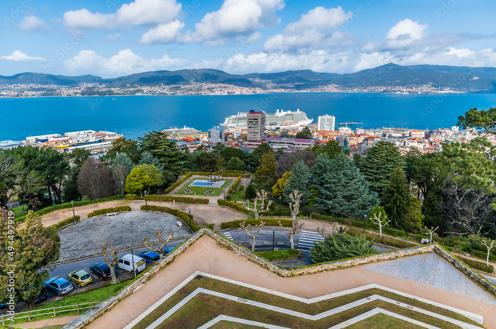 A view from the upper levels of the Castro castle towards the cruise terminal in Vigo, Spain on a spring day