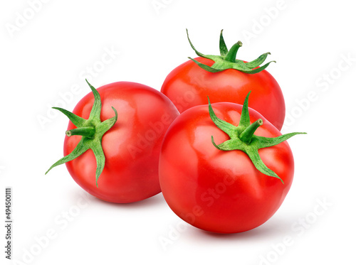 Three Juicy red tomatoes isolated on white background.