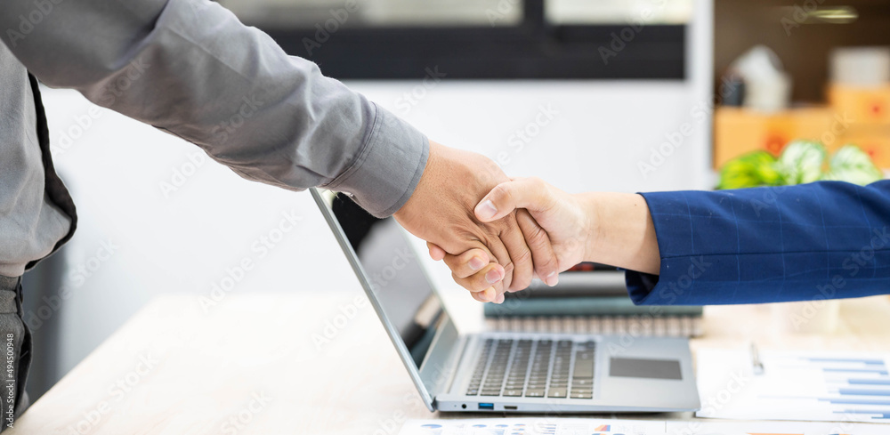Job applicant having interview, Welcome to team Business people handshake with executive manager to Sign Approval Into the company, business meeting, Greeting deal, congratulation.