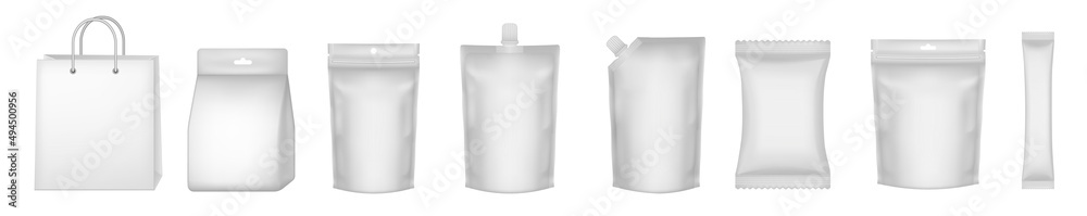Set of realistic pouch mockups. White flow pack, sugar stick, sachet, zip bag and doypack. Ice cream wrapper. Sheet mask sachet. Soap or wet wipes packaging. Laundry detergent Set of realistic pouch mockups. White flow pack, sugar stick, sachet, zip bag and doypack. Ice cream wrapper. Sheet mask sachet. Soap or wet wipes packaging. Laundry detergent