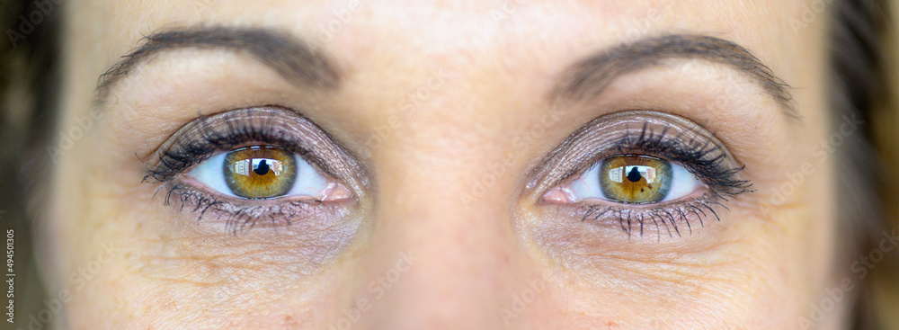 Close up on the beautiful brown eyes of a middle-aged woman - obrazy, fototapety, plakaty 
