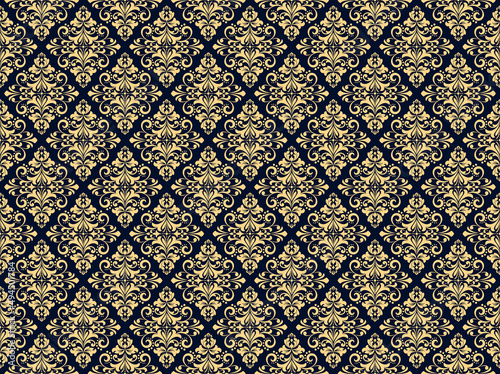 Wallpaper in the style of Baroque. Seamless vector background. Gold and black floral ornament. Graphic pattern for fabric, wallpaper, packaging. Ornate Damask flower ornament