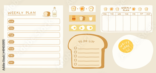 Set of cute weekly plan and memo not pad template with cozy breakfast theme. A collection organizer planner, blank memo, to do list paper pad, schedule, diary or work plan. Flat vector illustration.