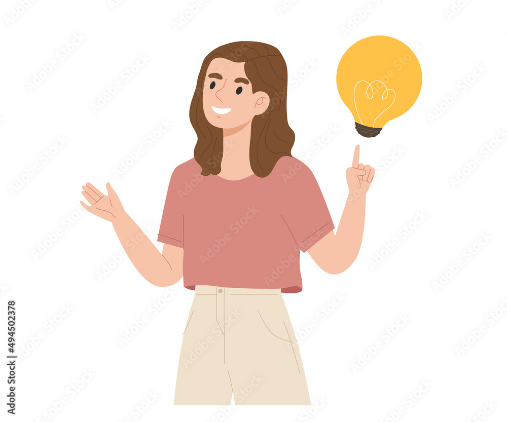 Young woman raising both hands with light bulb isolated on white background. Concept of explanation, idea, creativity, presentation, business idea. Flat vector illustration character. Young woman raising both hands with light bulb isolated on white background. Concept of explanation, idea, creativity, presentation, business idea. Flat vector illustration character.