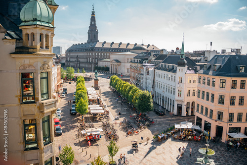 Roof view of Stroget - the most famous shopping area in Copenhagen full of visitors photo